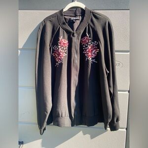 NWOT Roz & Ali Zip Up Jacket With Embroidered Flowers black bomber jacket Sz 1X